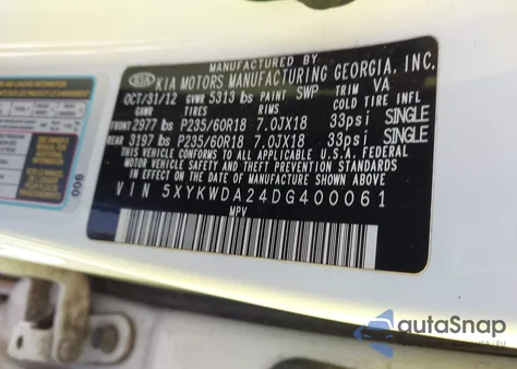 2013 Kia Sorento Sx V6 z USA, uszkodzony, nr VIN 5XYKWDA24DG400061